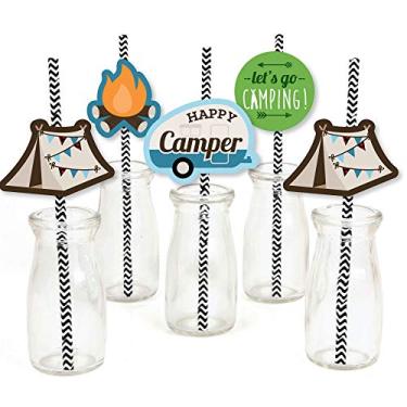 Imagem de Happy Camper – Decoração de palha de papel – Canudos decorativos listrados para chá de bebê ou festa de aniversário – Conjunto com 24