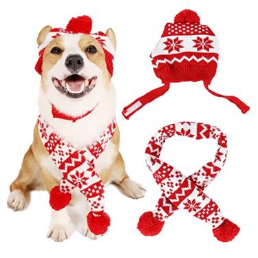 Imagem de Yajun Gorro para cães Conjunto de cachecol de inverno quente tricotado vestido de cachorro chapéu de proteção frio moda à prova de vento chapéu bobble chapéu de cabeça, vermelho, M (13 * 20 cm)
