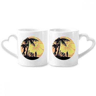 Imagem de Conjunto de canecas de porcelana para casal, ilustração de flor de coqueiro, coração de cerâmica