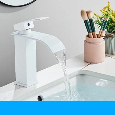 Imagem de Torneira para lavatório em cascata preta fosca Torneira de lavatório de alça única Misturador de água quente e fria para lavatório de banheiro Torneira misturadora, curta, cor branca