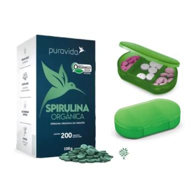 Imagem de Kit Puravida Spirulina Premium Com 200 Tabletes Pura Vida + Porta Capsula