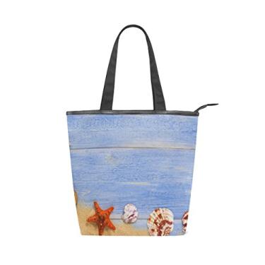 Imagem de Bolsa feminina durável de lona com estampa de conchas do mar e estrela do mar, bolsa de ombro para compras