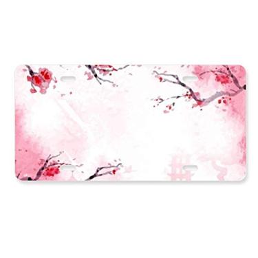 Imagem de DIYthinker Placa de licença com estampa de ilustração Sakura rosa da cultura japonesa, acessório de aço inoxidável para decoração de carro