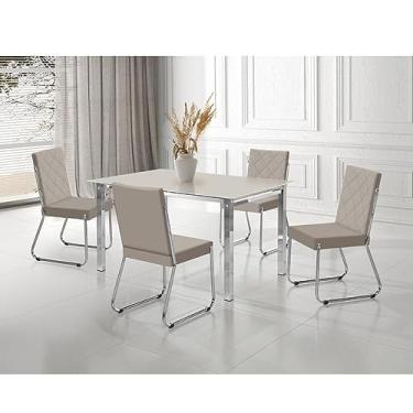 Imagem de Conjunto Sala de Jantar Mesa Ortenia Tampo Vidro com 4 Cadeiras Dinah Cromado/bege/off White