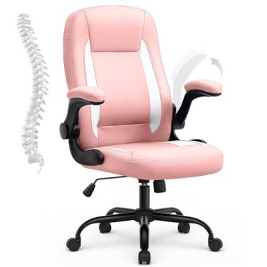 Imagem de YAMASORO Cadeira de Escritorio Rosa Lombar de Apoio Cadeira Home Office Confortável com Rodas e Apoio de Braço Flip-up, Rosa