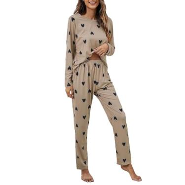 Imagem de SOLY HUX Conjunto de pijama feminino com estampa de coração camiseta de manga comprida e calça loungewear roupa de dormir com máscara para os olhos, Coração cáqui, G