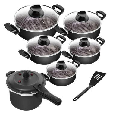 Imagem de Jogo De Panelas Antiaderente Caçarola Spesso + Panela de Pressão Fecho Externo 6 Peças Preto Patolux