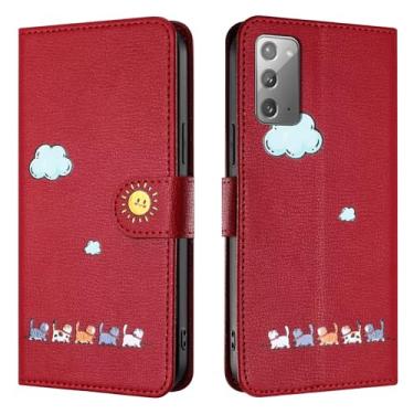 Imagem de Rnrieyta Miagon para Samsung Galaxy Note 20, capa de desenho animado animal gato nuvem bonito padrão dobrável suporte carteira de couro PU capa protetora com compartimentos para cartões, vermelho