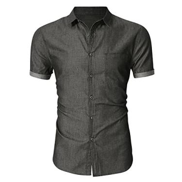 Imagem de Camisa masculina de verão jeans solta casual gradiente blusa caubói para homens blusa de manga curta, Cinza escuro, G