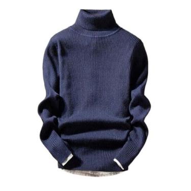 Imagem de Suéter masculino de gola rolê de outono inverno pulôver de malha sólida masculino slim fit casual suéter manga longa tricô, Azul marinho, X-Large