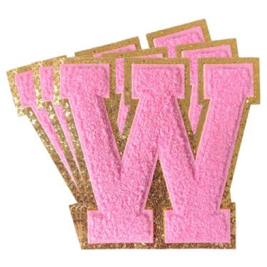 Imagem de 3 peças de remendos de letras de chenille rosa glitter ferro em remendos de letras universitárias remendo bordado de chenille costurar em remendos para roupas chapéu bolsas jaquetas camisa (rosa, W)