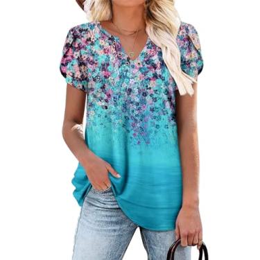 Imagem de onlypuff Camisas femininas de verão com gola V, manga curta, túnica casual, rodada, com babados, F - rosa e azul, P