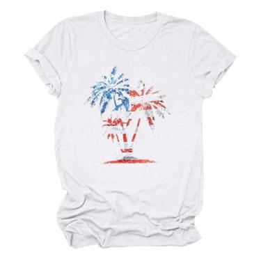 Imagem de Camiseta feminina de 4 de julho, blusas do Dia da Independência, estampa da bandeira dos EUA, manga curta, camiseta de férias de verão, Branco, GG