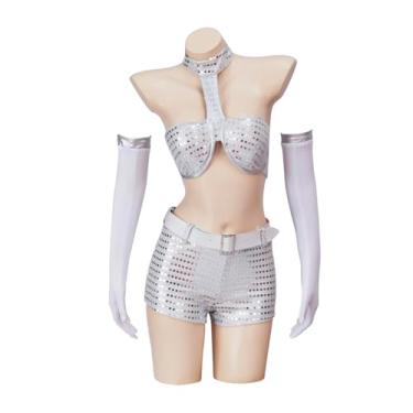 Imagem de Austin Powers Cosplay Costume Women's Sexy Robot Lingerie Set Metallic Bra Top and Shorts Outfit (Silver, XL)