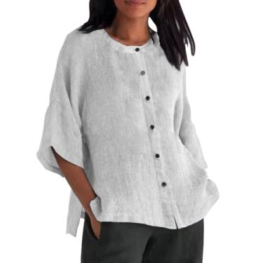 Imagem de Blusa feminina de linho manga 3/4 gola redonda casual com botões túnica grande solta cor sólida verão 2024, Branco, G