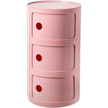 Imagem de Mesa de cabeceira redonda de plástico de 2/3/4 camadas com unidade de armazenamento baú com gavetas e porta deslizante Armário de cabeceira moderno nórdico para quarto (tamanho: 4 camadas, r