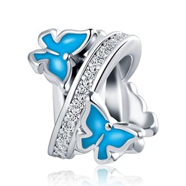 Imagem de MZC Jewelry Pulseira Pandora feminina com pingente de borboleta azul, Cobre, Cobre