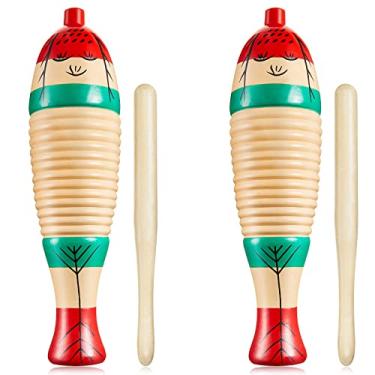 Imagem de 2 peças de instrumento guiro colorido em forma de peixe instrumento musical latino sapo de madeira percussão musical para adultos com bastões rítmicos