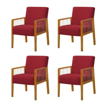 Imagem de Kit 4 Poltronas Decorativa Base em Madeira Maciça e Corda Náutica Copacabana Veludo Vermelho