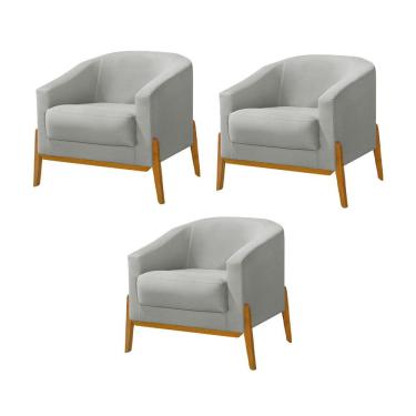 Imagem de Kit 3 Poltronas Living Base em Madeira Maciça Flórida Veludo Cinza Claro