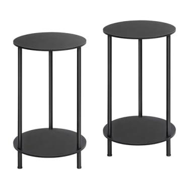 Imagem de MOOACE Conjunto de 2 mesas de extremidade, mesa lateral pequena, mesa de cabeceira de 2 camadas com prateleiras de armazenamento, mesa de cabeceira redonda de sofá para sala de estar, quarto,