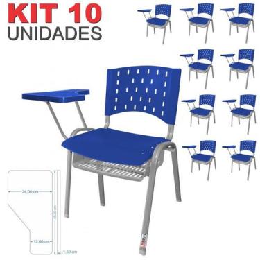 Imagem de Cadeira Universitária Plástica Azul Com Porta Livros Base Prata 10 Uni