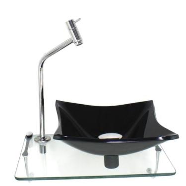 Imagem de Kit Cuba De Vidro Quadrada 10Mm Preta Com Tampo 40Cm Incolor - Cubas E