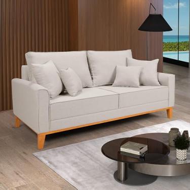 Imagem de Sofá Living Beny 3 Lugares Linho Cru Fixo Sala Base Madeira