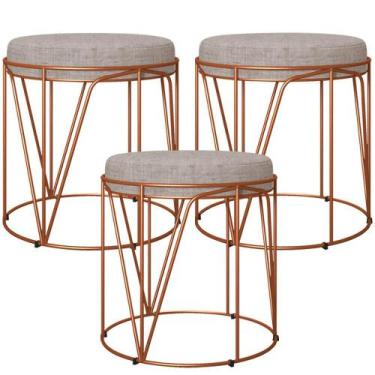 Imagem de Kit 03 Puffs Decorativo Aramado Bronze Zaya L02 Linho Bege - Lyam Deco