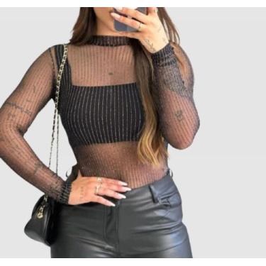 Imagem de Body Arrastão Tule Transparente Preto Manga Longa - Boutique, Body fio