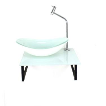 Imagem de Kit cuba de vidro oval 10mm tampo 40cm branco full com suporte torneir