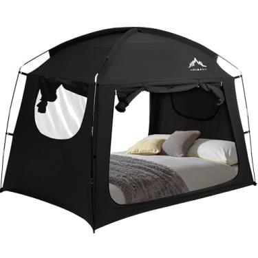 Imagem de UNIHIMAL Barraca de cama para uso interno portátil com redução de luz, tenda de dossel de tamanho completo, respirável, leve, espaço privado para cama (preto)