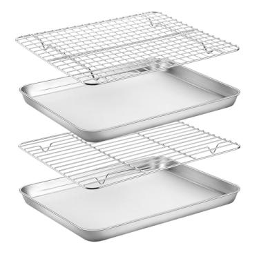 Imagem de Conjunto de assadeira com rack, conjunto de 4 (2 folhas + 2 prateleiras), assadeira de aço inoxidável com grade de resfriamento, não tóxica, resistente e fácil de limpar - Tamanho de 30 cm