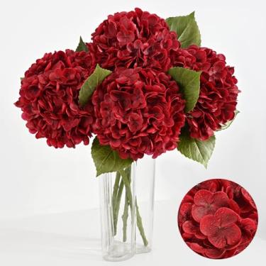 Imagem de Artflower 4 peças de flores artificiais de hortênsia de toque real, 58 cm vermelho completo látex falso hortênsia flores para casa arranjos florais buquês de casamento decoração de mesa de cozinha