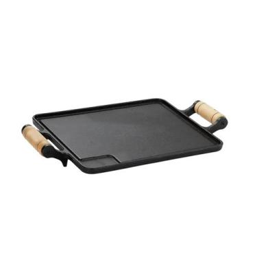 Imagem de Bifeteira de Ferro Fundido Quadrada Alça Madeira 25x25cm - Rig Fundido