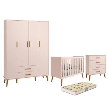 Imagem de Dormitório Infantil Isis Guarda Roupa 4 Portas Cômoda E Berço Rosa Com Colchão D18 Reller Móveis Rosa