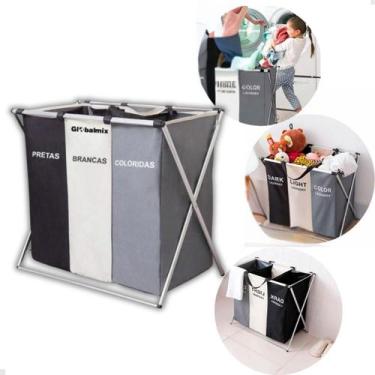Imagem de Cesto de Roupa Suja 3 Divisórias Separação Cor Dobrável - Globalmix