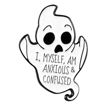 Imagem de ulricar Cute Ghost Enamel Pin I MYSELF AM ANXIOUS & CONFUSED badge Brooch Quote Funny Words Jewelry Denim clothes bags Gift