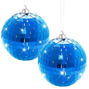 Imagem de 2 bolas de espelho de discoteca prata para pendurar bola para discoteca anos 50, 60, 70, discoteca, DJ, efeito de luz, festa, decoração de casa, adereços de palco, festivais escolares, lembrancinhas de festa e suprimentos de 10 cm (10 cm, azul)
