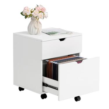 Imagem de HollyHOME Armário de madeira sob a mesa de 2 gavetas, armazenamento com rodinhas para escritório em casa, suporte de impressora, arquivos tamanho A4/carta, pastas de arquivo suspensas de 30 cm, branco