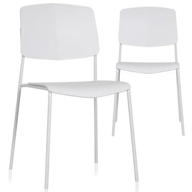 Imagem de ISL Furnishings Zuho II Cadeira empilhável moderna, branca, conjunto de 2 – cadeiras empilháveis de plástico sem braços para uso externo, interno, jantar, pátio, cozinha, café – resistente ao clima,