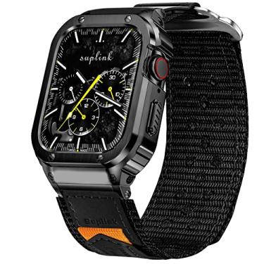Imagem de SUPLINK Pulseiras de nylon com capa de aço inoxidável compatível com Apple Watch Series 10 de 42 mm/Apple Watch Series 11 de 42 mm, amortecedor protetor resistente para iWatch masculina, preta
