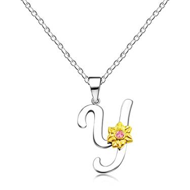 Imagem de Uloveido Colar de girassol inoxidável com inicial letra A a Z 26 alfabetos pingente presentes de formatura para mulheres meninas Y2931, Aço inoxidável, Zircônia cúbica