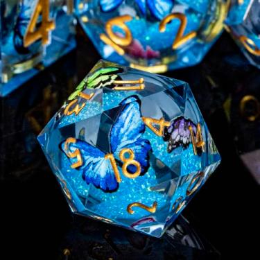 Imagem de ORIFANTOU Butterfly DND Dice Azul Liquid Core Dice Set com Metal Box, Handmade Sharp Edge Poliedro D&D Polyhedral Dice para Dungeons and Dragons Role Playing Game, RPG D&D Dice Set