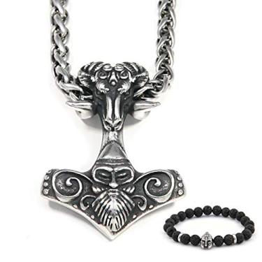 Imagem de BAVIPOWER Colar com pingente de cabeça de cabra Viking Ram Mjolnir em aço inoxidável, joia pagã nórdica para homens e mulheres, Metal, Não aplicável