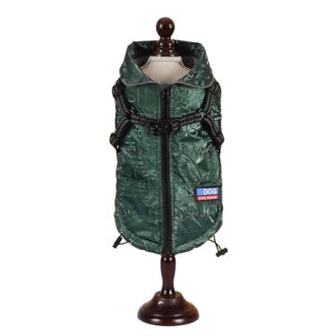 Imagem de HDKUW Jaqueta de arnês para cães pequenos, estampa de letras, capa de chuva refletiva para cães, casaco à prova de vento para clima frio, colete para cães pequenos, verde, G