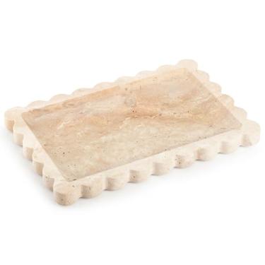 Imagem de Bandeja de travertino quadrada natural com borda recortada, bandeja de mármore multiuso para balcão de cozinha, banheiro, penteadeira, cômoda (travertino bege, 20 x 30 cm)