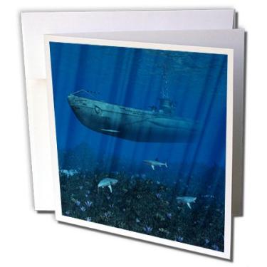 Imagem de Submarino alemão em águas rasas com tubarão - Cartão comemorativo, 15,24 x 15,24 cm, único (gc_172908_5)