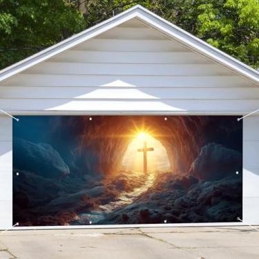 Imagem de CRTPOD 2,1 x 4,9 m decoração de bandeira de porta de garagem túmulo vazio de páscoa Ele é ressuscitado caverna de pedra Jesus Cristo cruz garagem amigo porta pano de fundo para igreja santuário