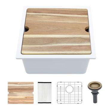 Imagem de Kichae Pia de barra de montagem subterrânea branca - 45,7 x 45,7 cm de granito composto preto para preparação de pia de cozinha